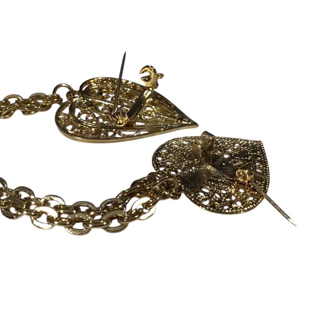 Double Heart Brooch Gold Tone Chain Filigree Blazers Lapel Costume Jewelry Vtg - Picture 7 of 11